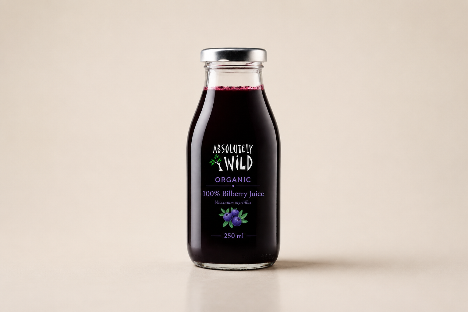 Absolutely Wild Organic Wild Blueberry Juice with pulp in a 250 ml glass bottle